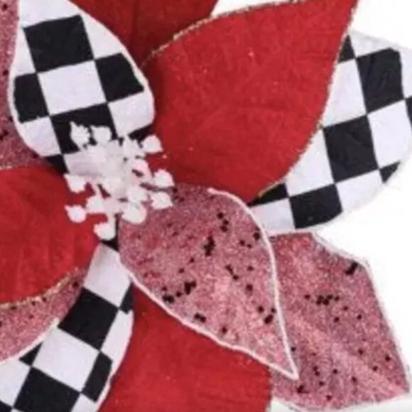 Velvet with Check Christmas Poinsettia Flower Stem Pick Holiday Craft Supplies - Picture 2 of 4